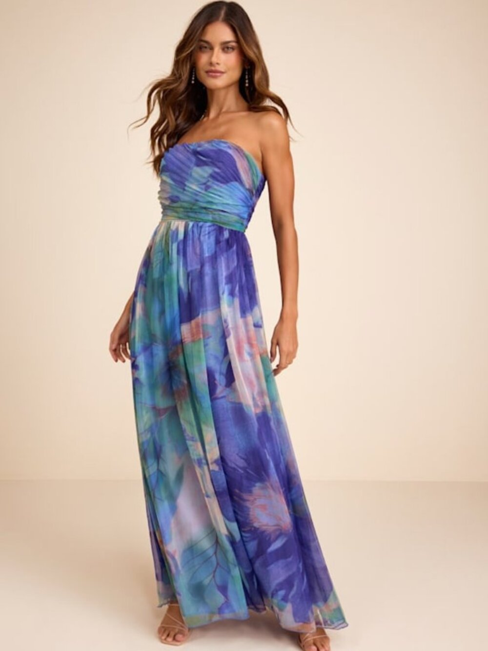 Lulus Galilea Blue Multi Floral Strapless Maxi Dress - Size M